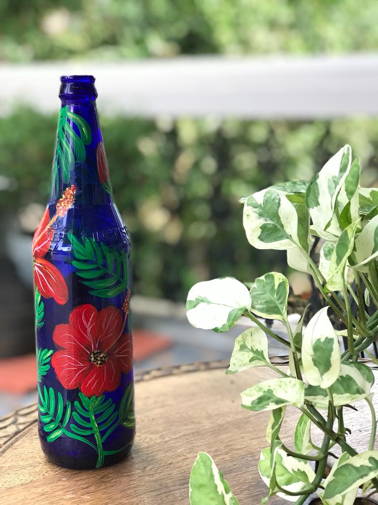 Blue Handpainted Bottle with Red Flowers