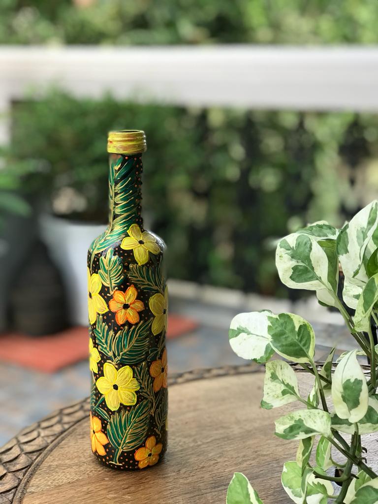 Green Handpainted Multicolor Flowers Bottle