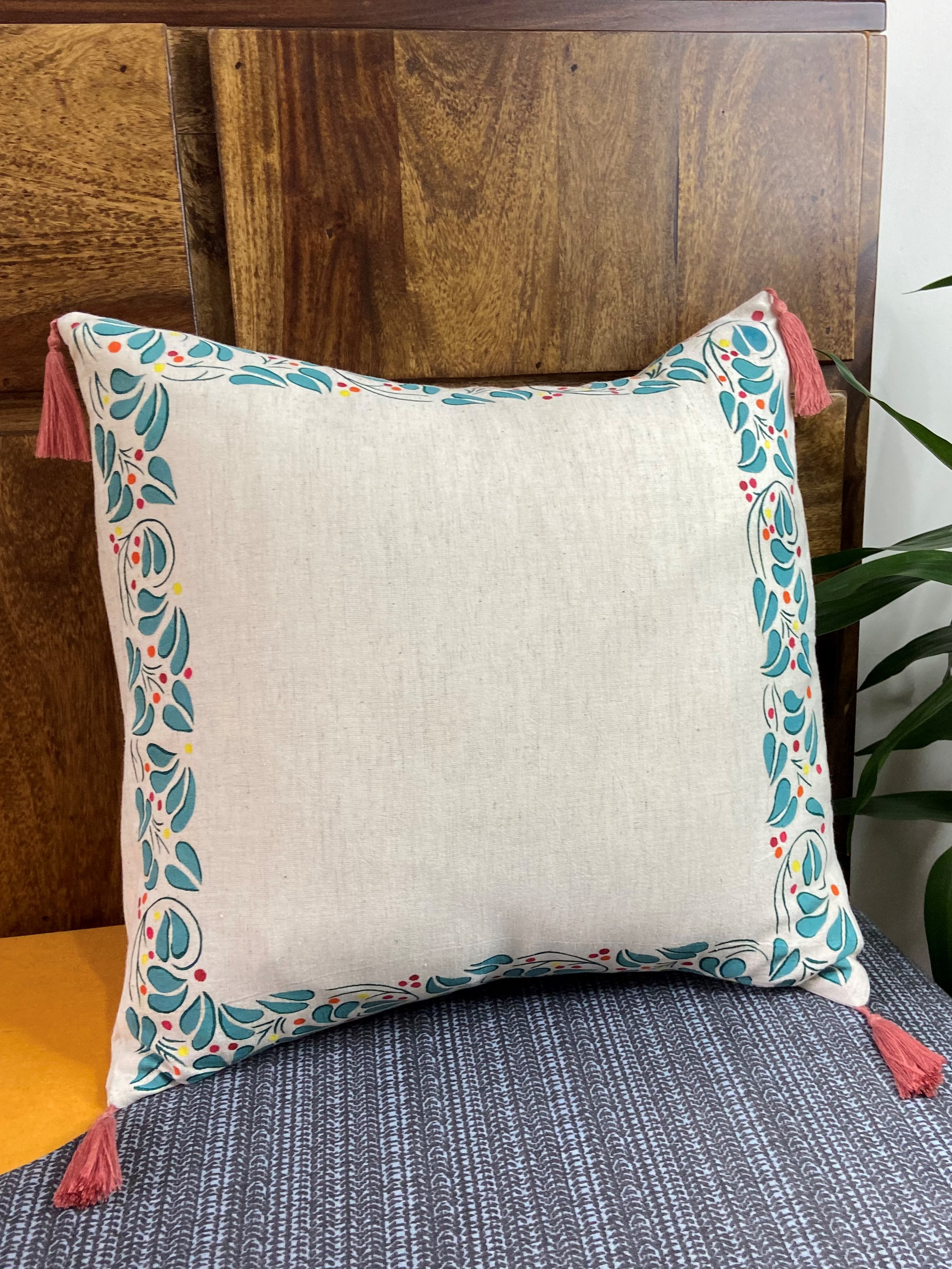 HAND BLOCK PRINT and HAND EMBROIDERED LINEN CUSHION COVER – SET OF 1