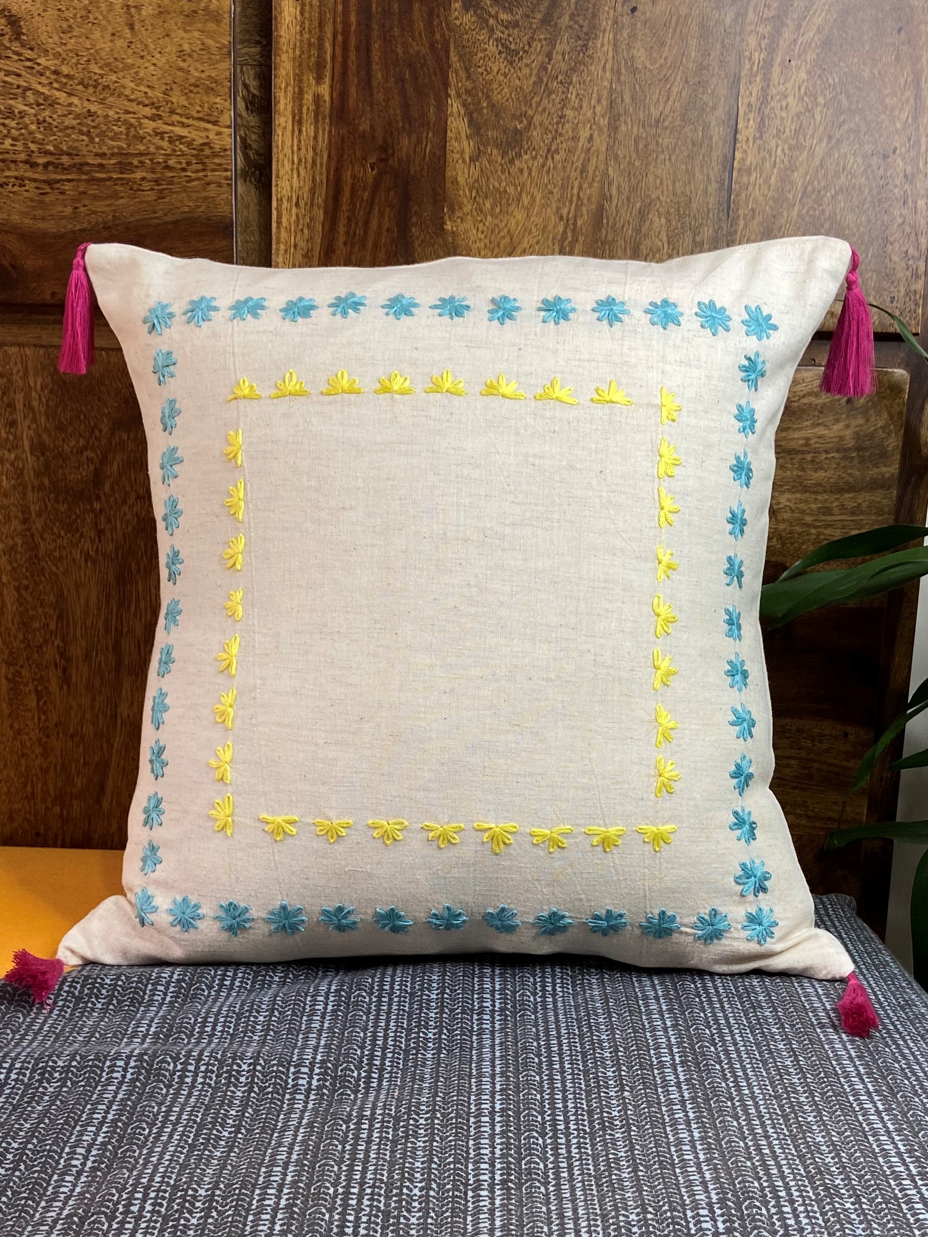 Floral Embroidered Linen Cushion Cover