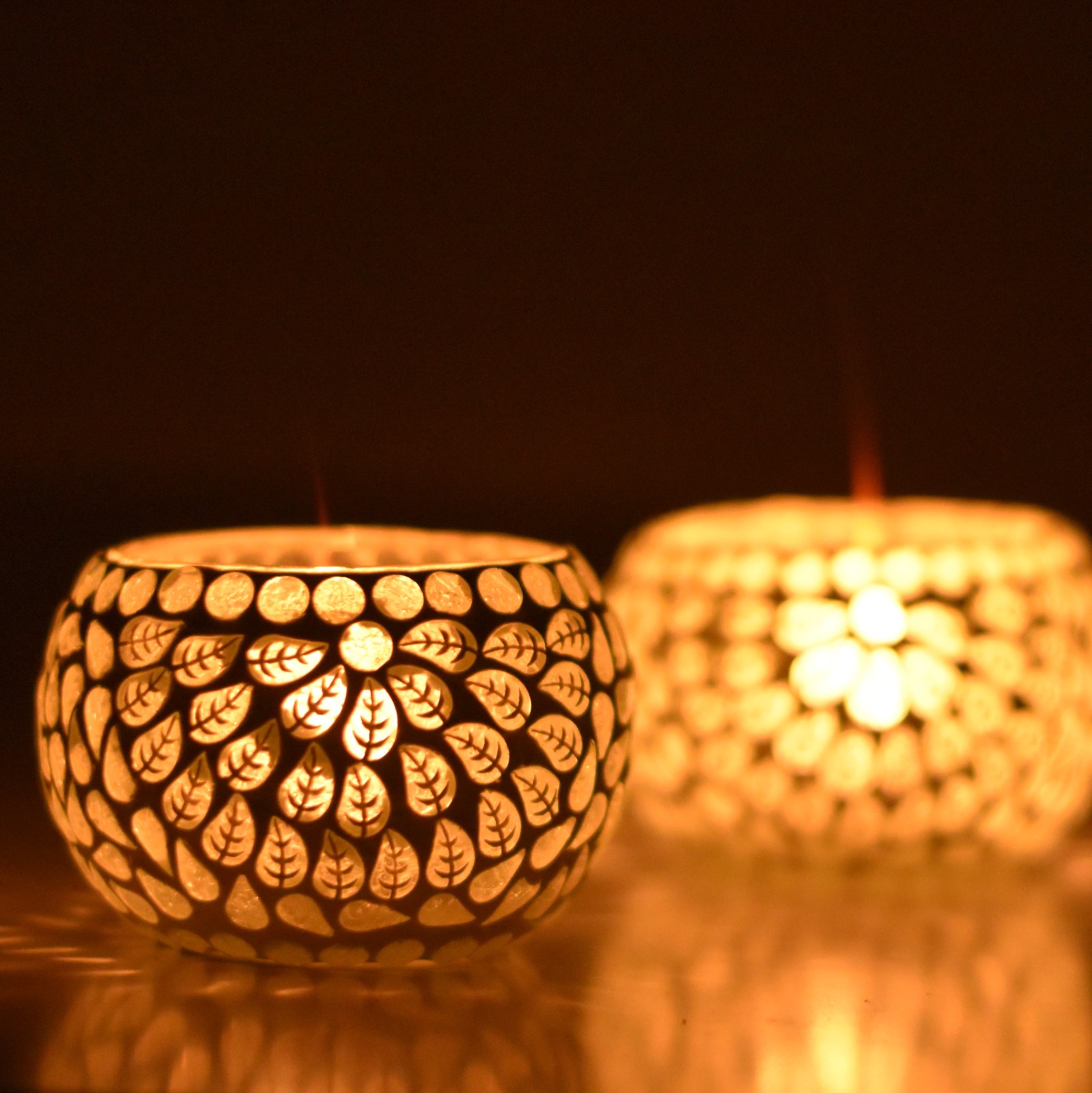 Handmade Tea light set of 2 lamps for home decor and gifting gold leaf