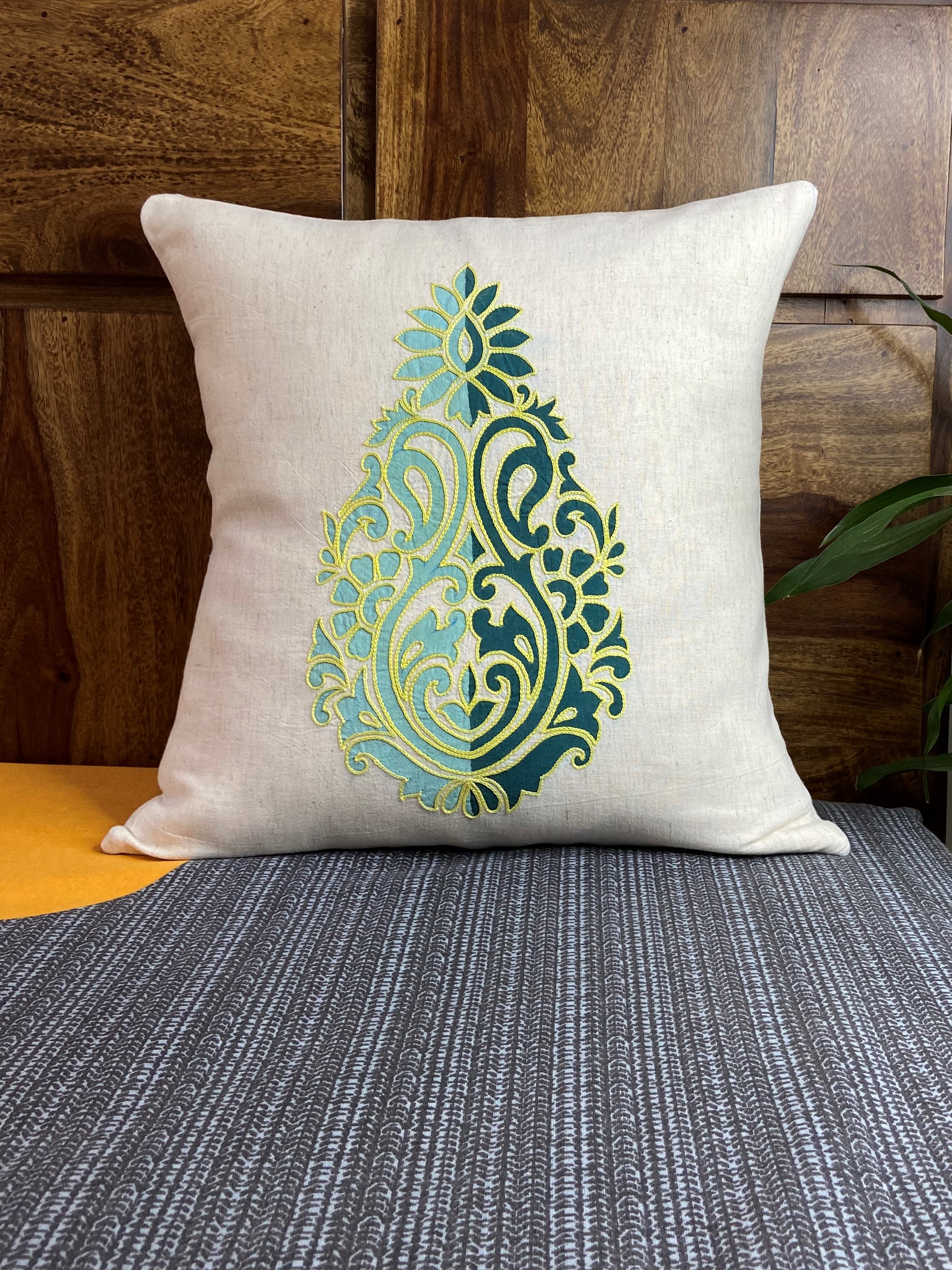 HAND PAINTED AND EMBROIDERED LINEN CUSHION COVER