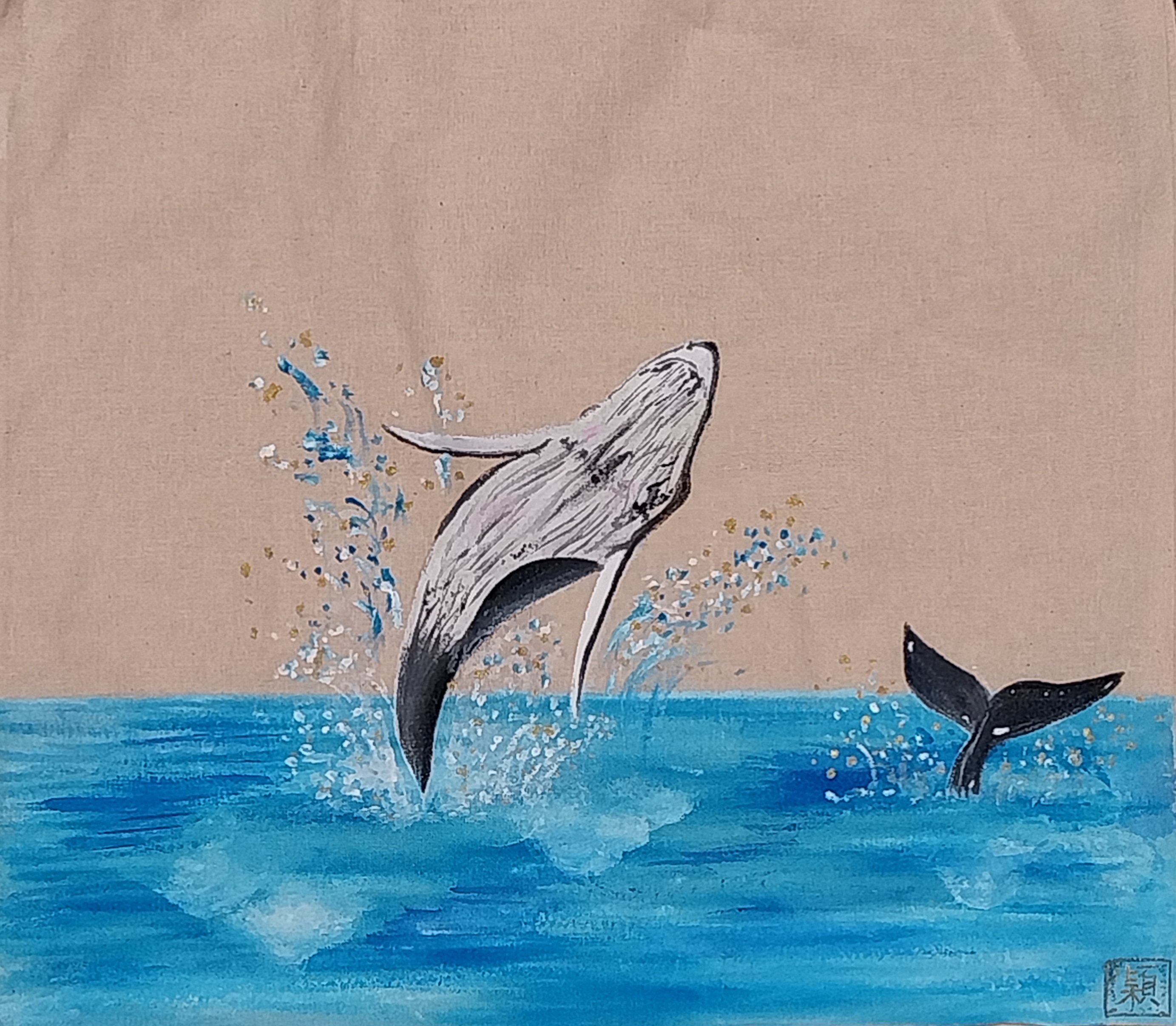 Marine Series – Joyful Whales – Draw string Hand Bag hand painted by Wing-yin LAU