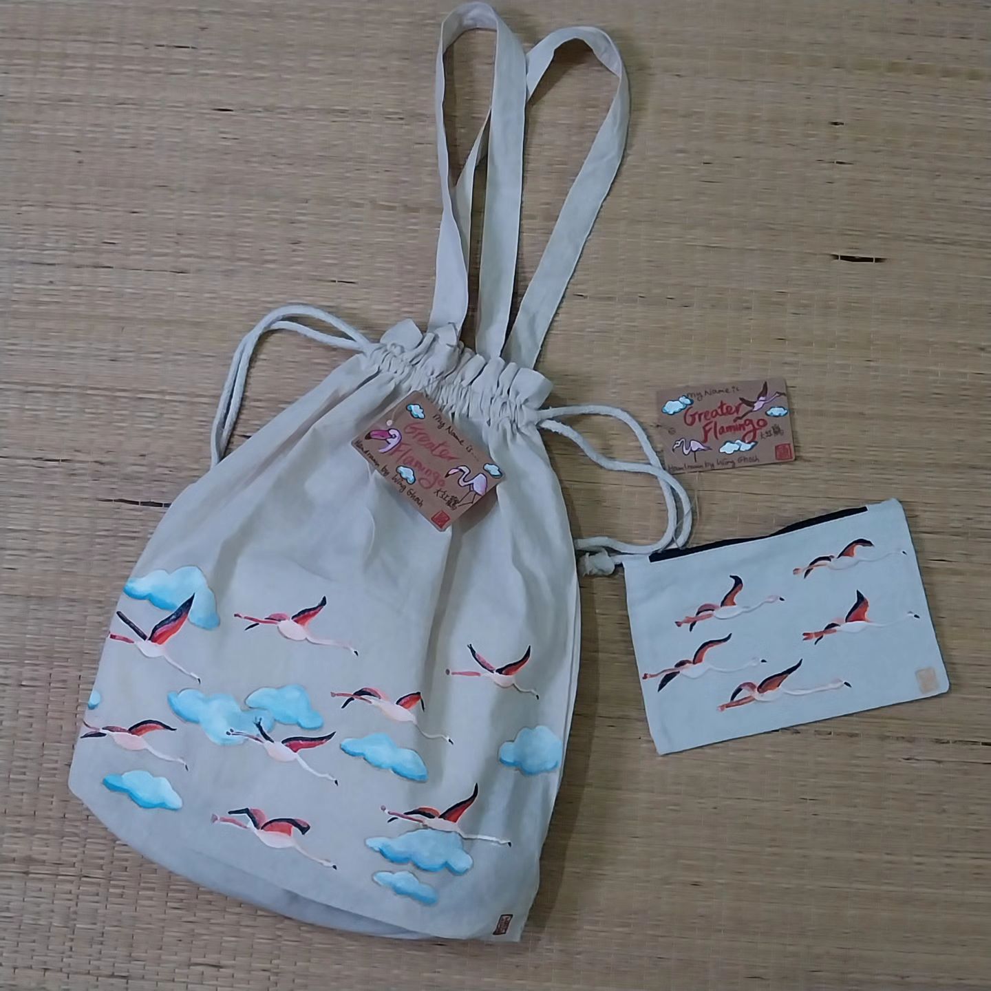 Birds of India Series- Greater Flamingo -bag and pouch combo (total 2 items) – painted by Wing-yin LAU