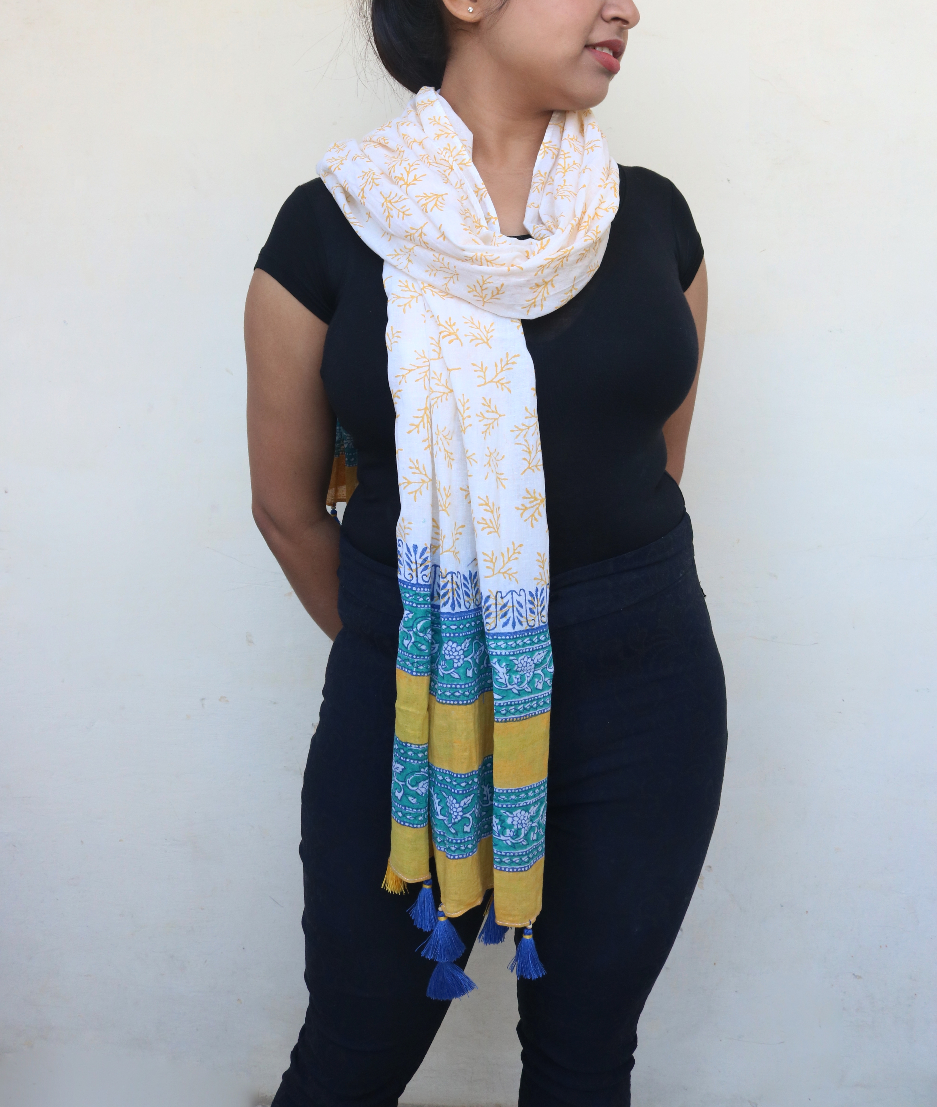 White and Blue Block Printed Cotton Boho Scarf