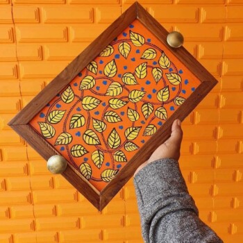 Hand Painted Madhubani Art Tray With Brass Handle