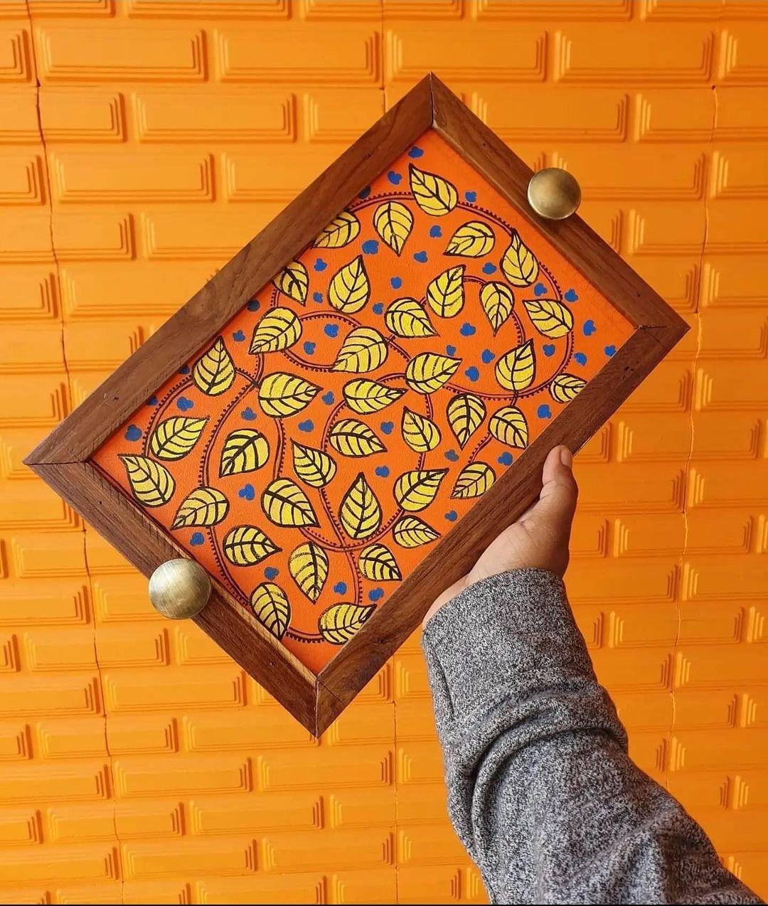 Hand-painted Madhubani art tray with brass handle
