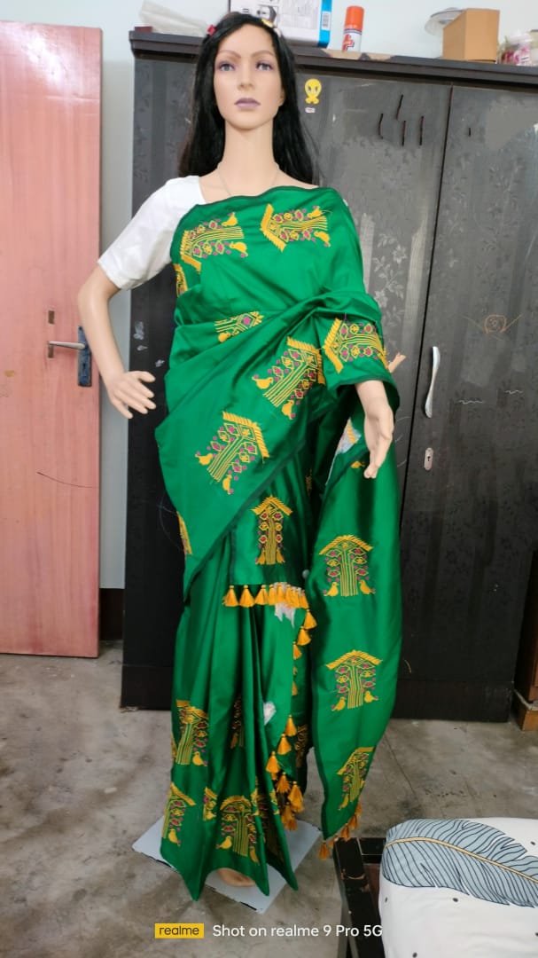 Bottle Green Embroidery Mekhela Chador Wonderwheel Store